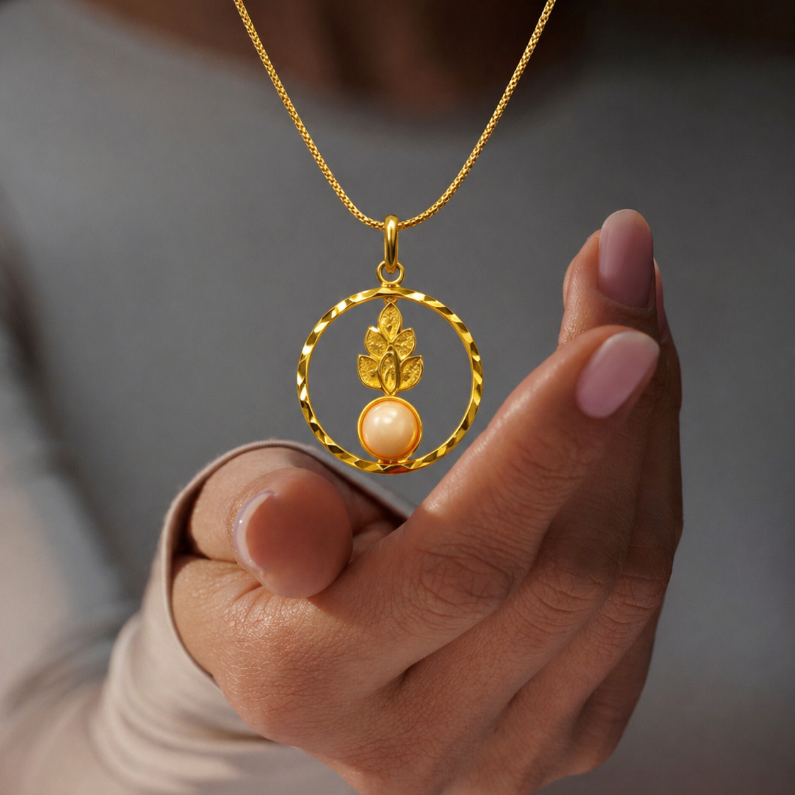 Gold necklace with a circular pendant featuring a pearl held by a hand against a neutral background
